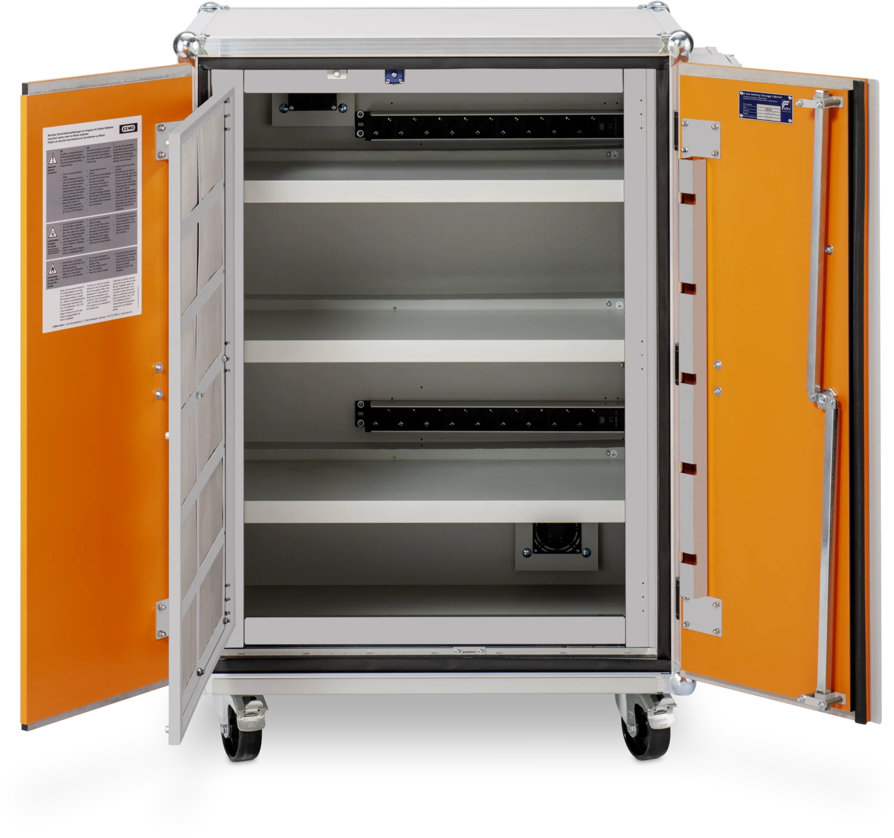 CEMO Battery charging cabinet Premium Plus, 230 V, grey, double hinged doors, orange doors, castors